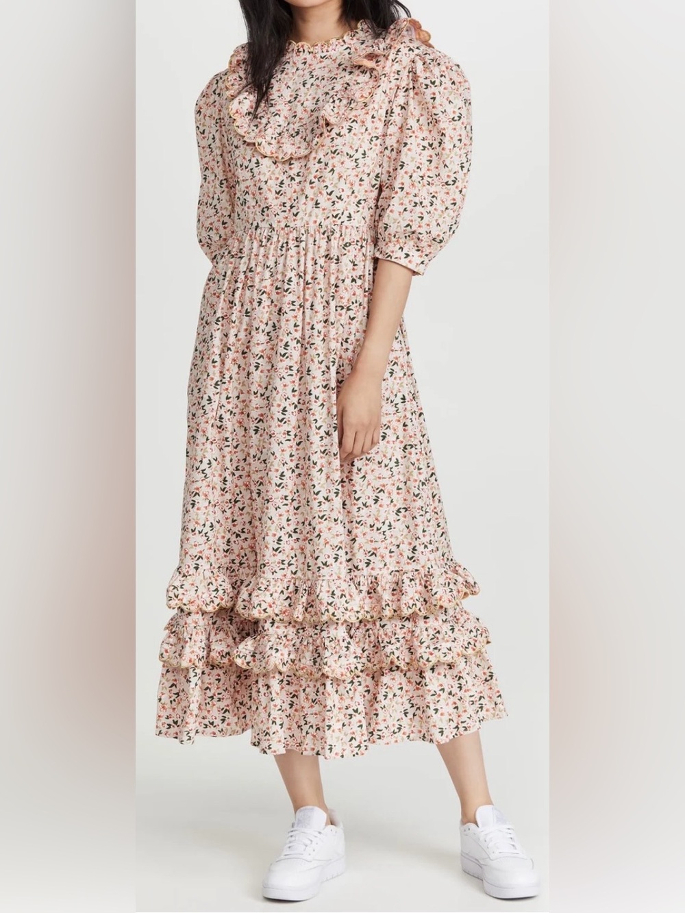 Celia B Floral Tiered Scalloped Cottagecore Midi Maxi Dress Size M Boho Resort